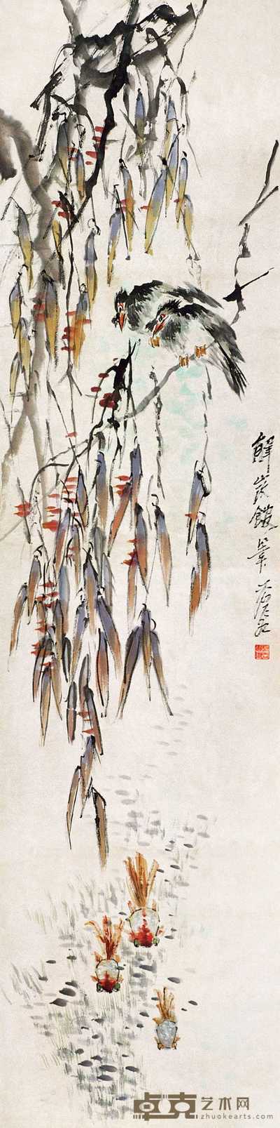 虚谷 柳鱼八哥 立轴 177×45cm